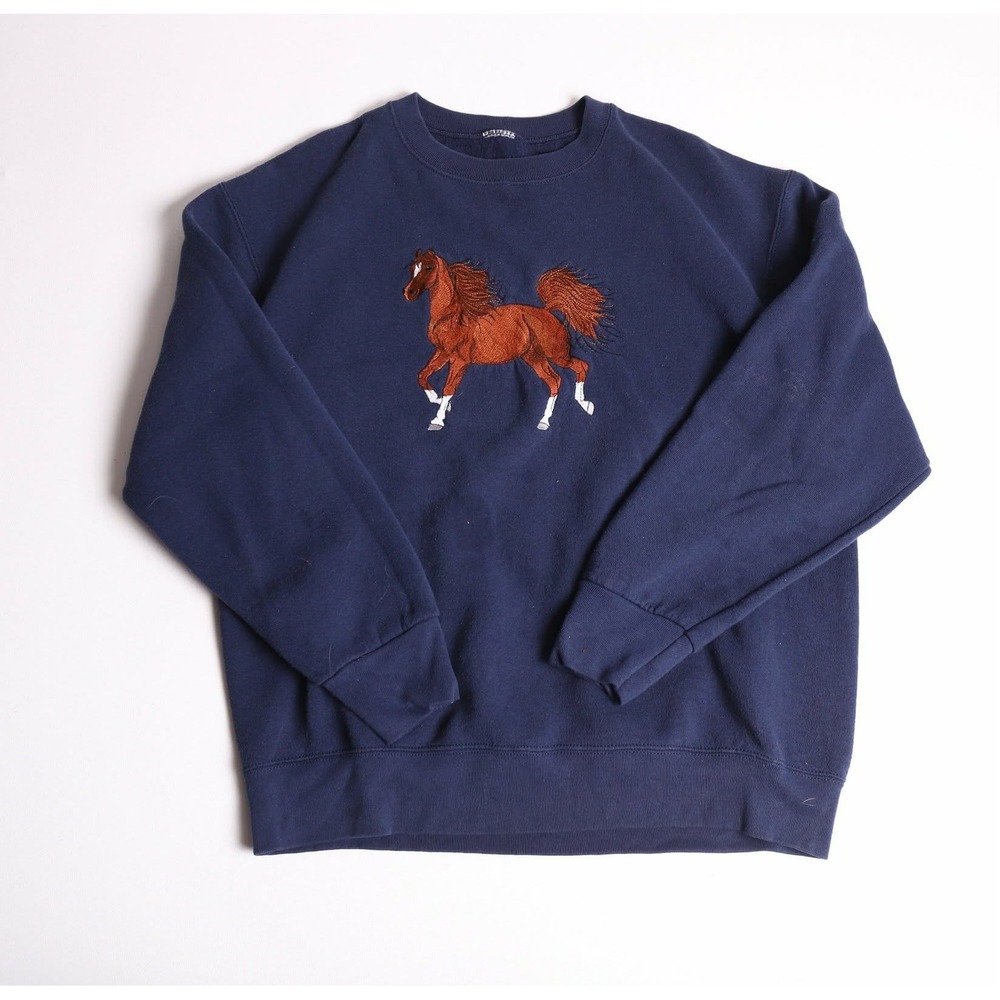 Vintage Navy Blue Horse Embroidery Crewneck Sweatshirt Equestrian Pullover